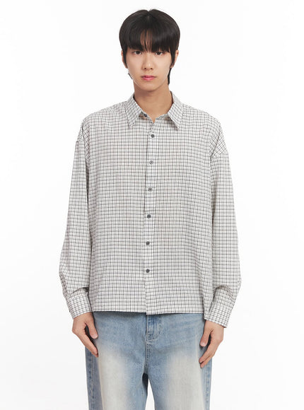 mens-loose-fit-checkered-collared-shirt-ia510 / White