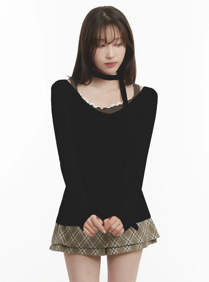 ribbed-v-neck-top-and-scarf-set-ij521 / Black