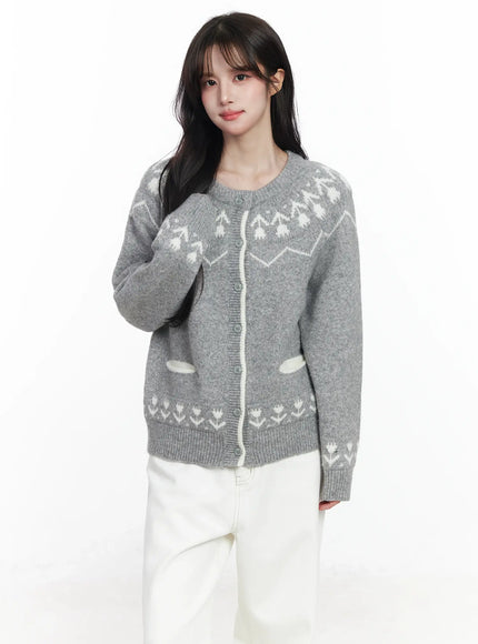 nordic-pattern-button-up-knit-cardigan-ij529 / Gray