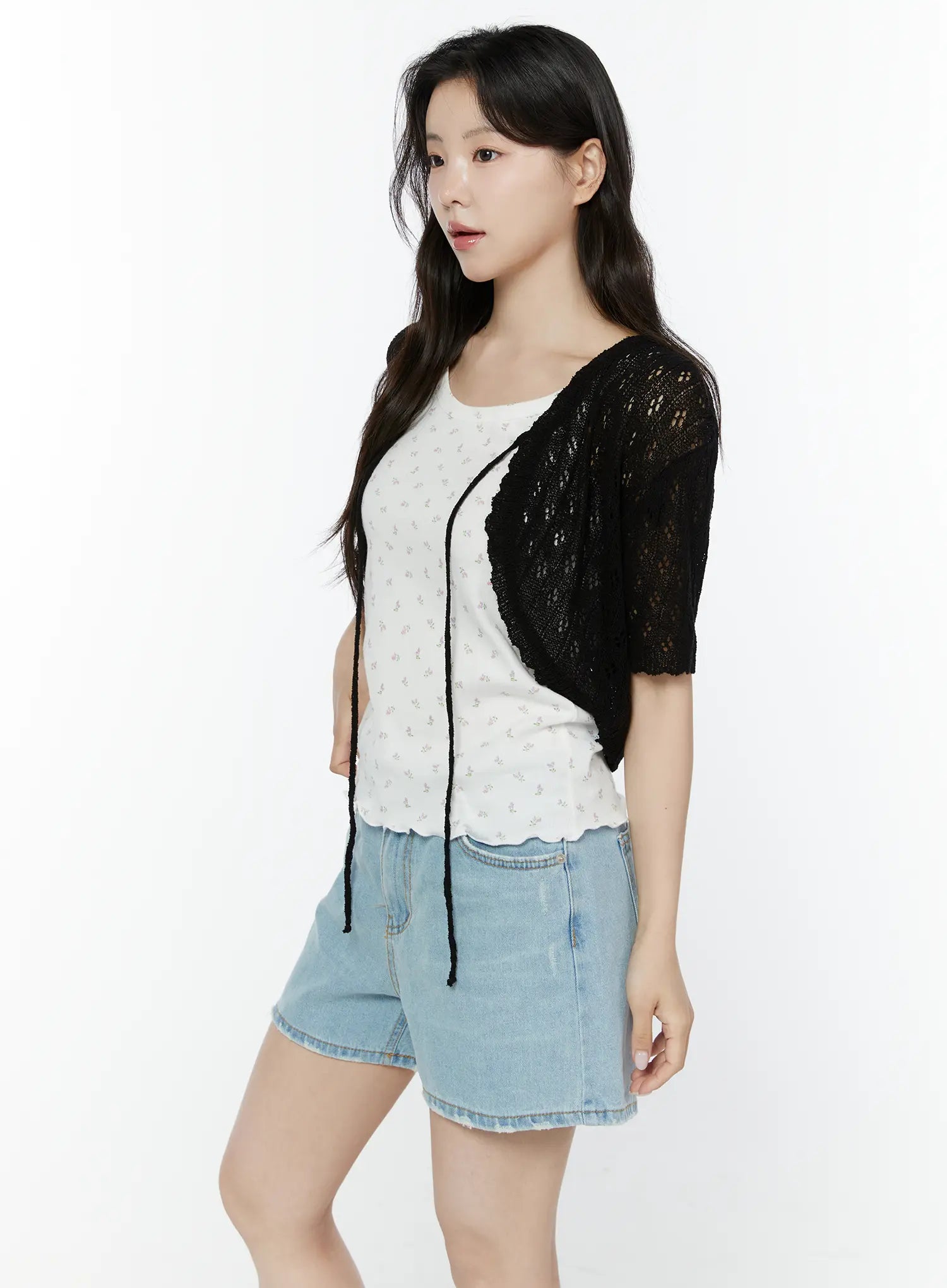half-sleeve-lace-knit-cardigan-iy507 / Black