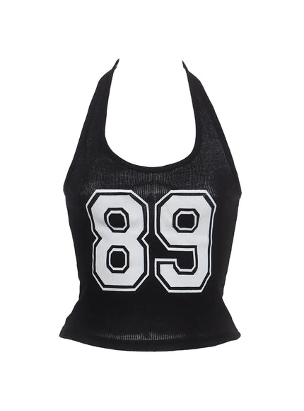 retro-varsity-number-halter-top-ic503 / Black