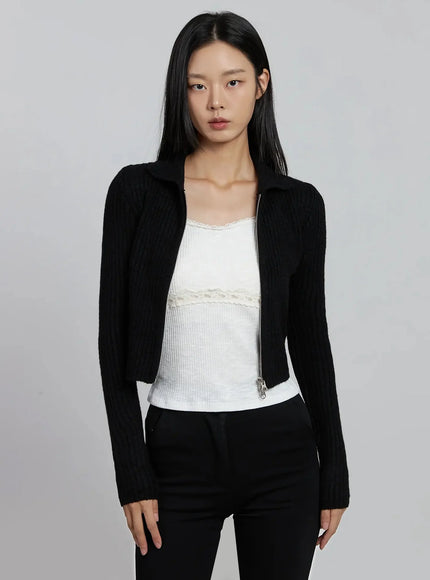 ribbed-knit-collared-zip-up-im520 / Black