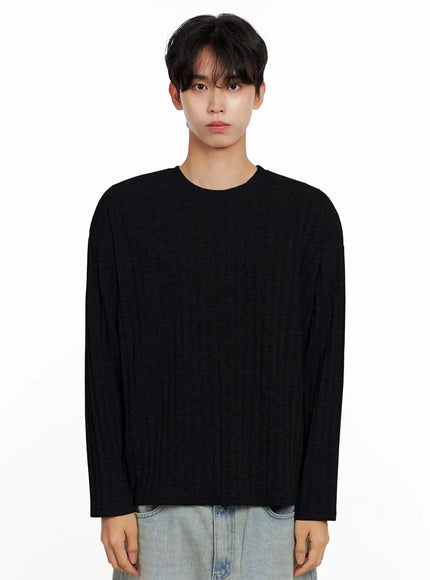 mens-ribbed-knit-long-sleeve-shirt-io516 / Black