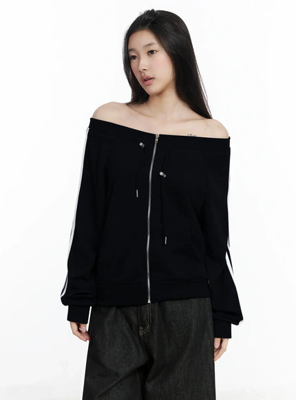off-shoulder-track-zip-up-sweatshirt-im506 / Black