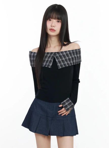 Plaid Off-Shoulder Long Sleeve Top IM523