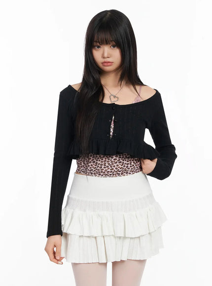 pointelle-layered-ruffle-crop-cardigan-ia523 / Black