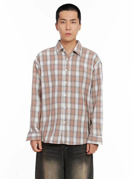 mens-checkered-button-up-shirt-is502 / Brown