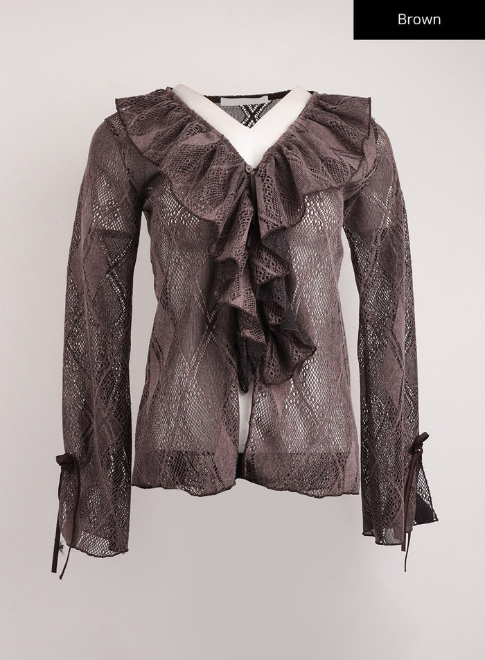 frill-hollow-out-knitted-cardigan-ij411 / Brown