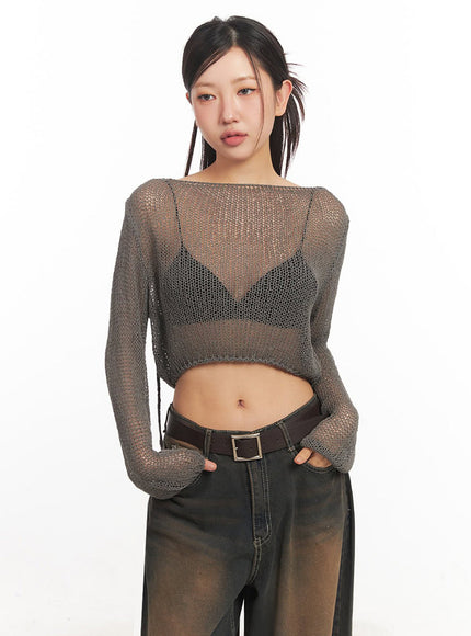 mesh-back-strap-knit-crop-top-ia521 / Dark gray