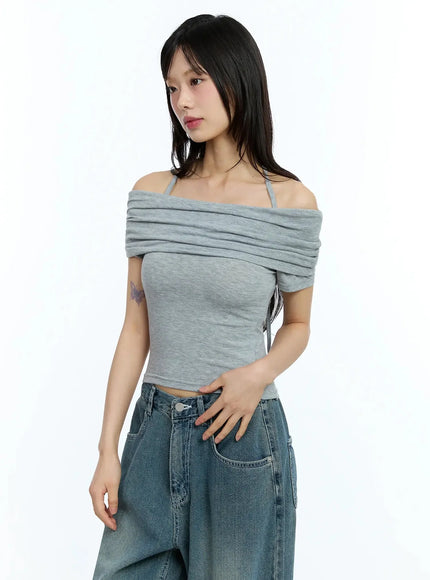 shirred-off-shoulder-short-sleeve-tee-iu525 / Gray