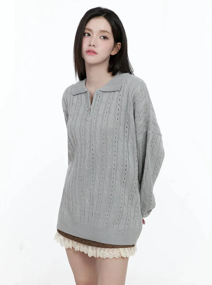 cable-knit-half-zip-sweater-io520 / Gray