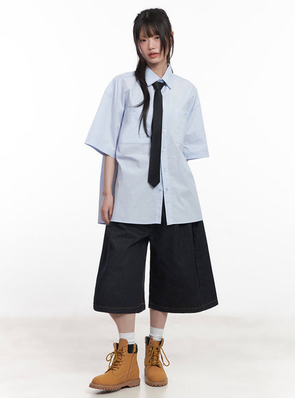 cotton-collared-oversize-shirt-iy529 / Light blue