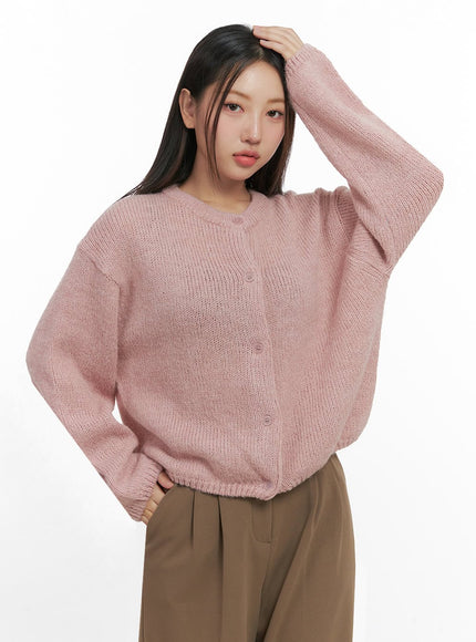 comfyround-neck-sweater-cardigan-in415 / Pink