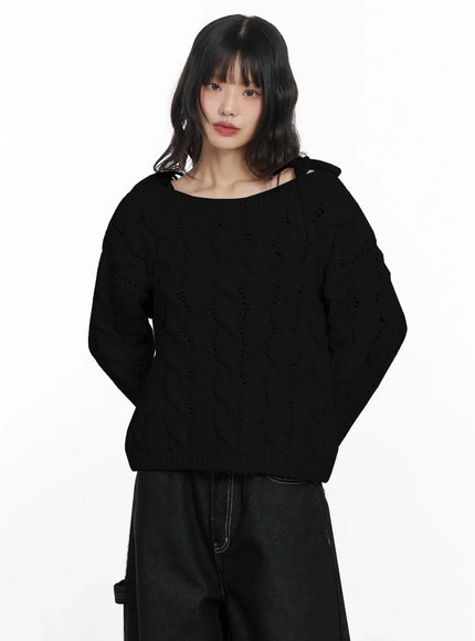 boat-neck-cable-knit-top-if505 / Black