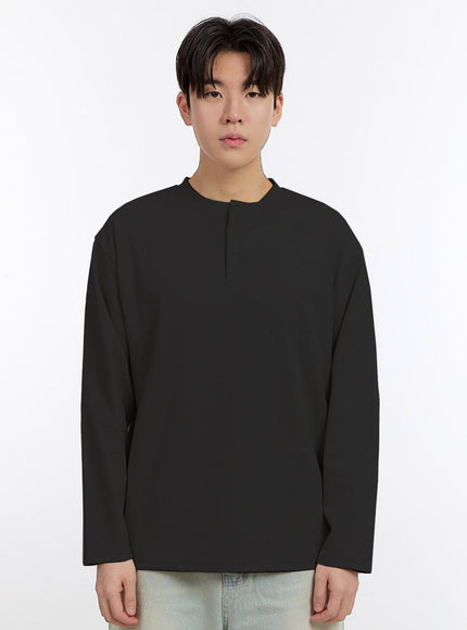mens-half-buttoned-long-sleeve-t-shirt-if528 / Black