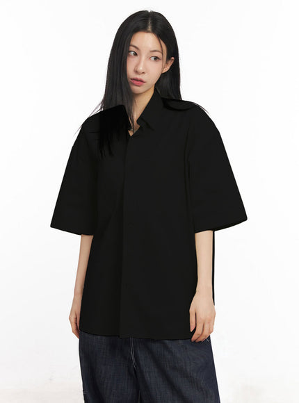 cotton-collared-oversize-shirt-iy529 / Black