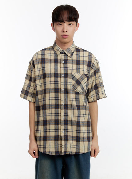 mens-plaid-collared-oversized-shirt-ia507 / Light beige