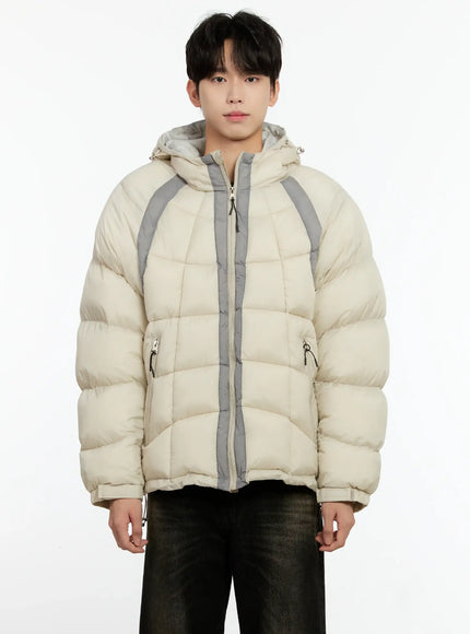 Men's Color Block Puffer Jacket (Light Beige) IO531