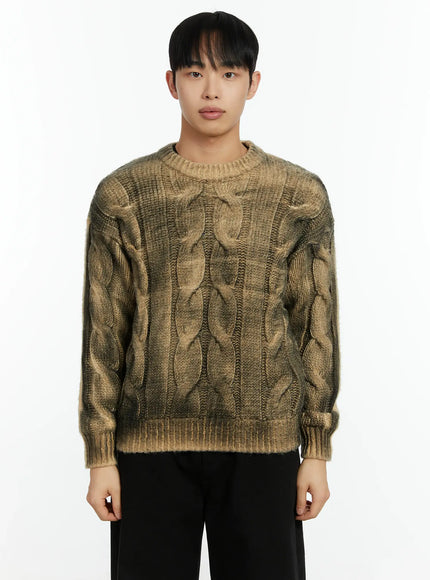 mens-vintage-washed-cable-knit-pullover-sweater-if511 / Beige