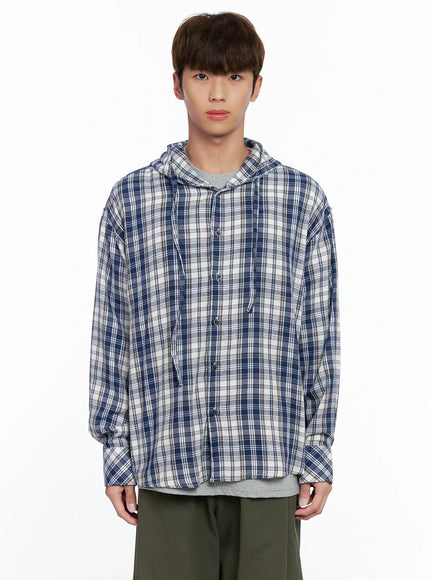 mens-hooded-plaid-shirt-io506 / Dark blue