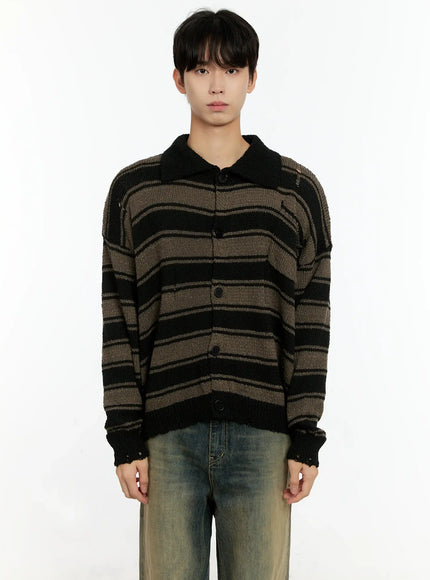 Men's Striped Distressed Collared Cardigan IN503