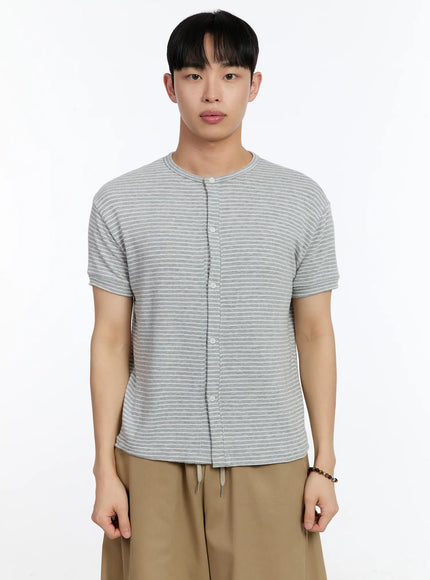 mens-striped-short-sleeve-button-up-cardigan-ia507 / Gray