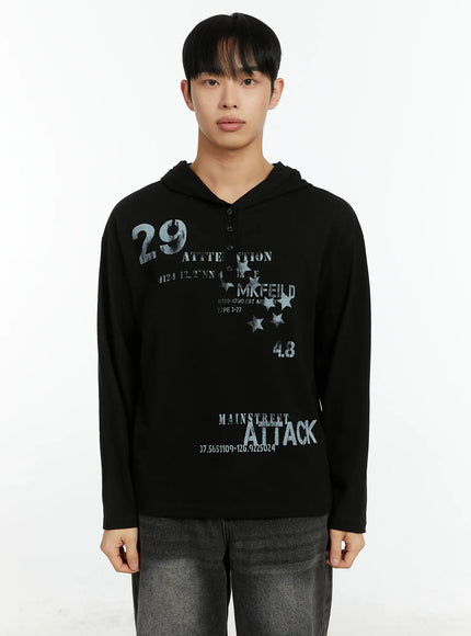 mens-graphic-print-henley-hooded-long-sleeve-top-if511 / Black