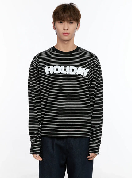 mens-striped-lettering-long-sleeve-tee-in512 / Black