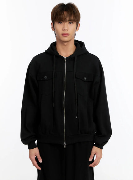 mens-button-detail-zip-up-hoodie-jacket-in528 / Black
