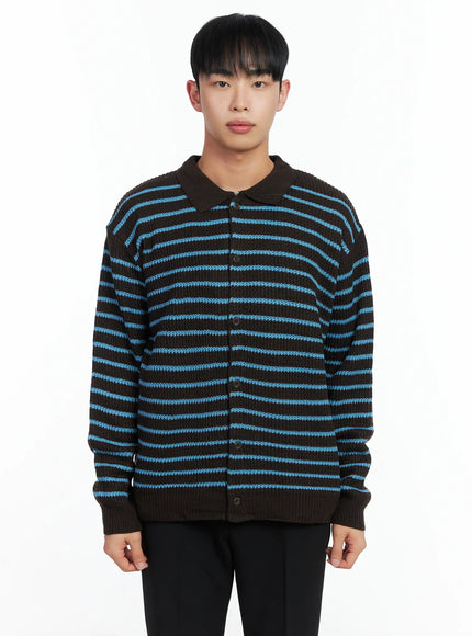 Men's Stripe Knit Collared Cardigan IN518