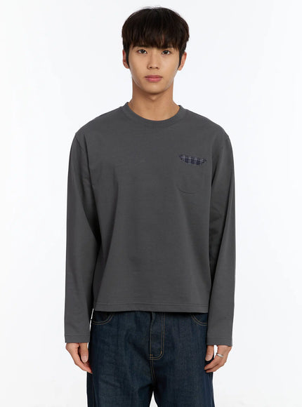 mens-long-sleeve-tee-with-plaid-pocket-im530 / Dark gray