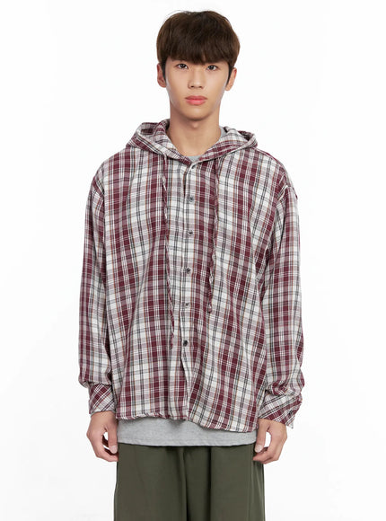 mens-hooded-plaid-shirt-io506 / Dark red