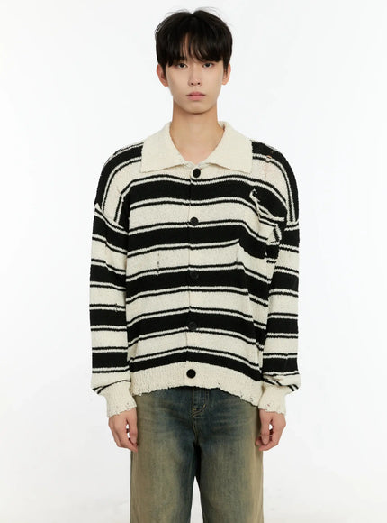 Men's Striped Distressed Collared Cardigan IN503