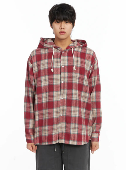 mens-plaid-hooded-flannel-ij512 / Red