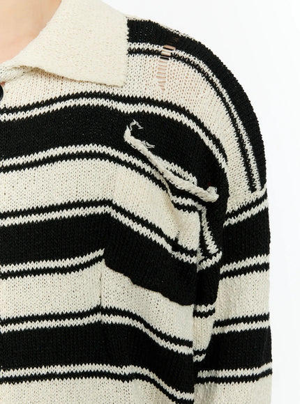Men's Striped Distressed Collared Cardigan IN503
