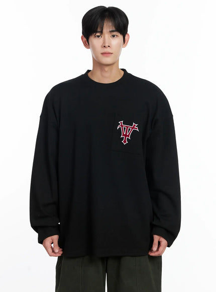 mens-casual-embroidered-pocket-long-sleeve-ij521 / Black