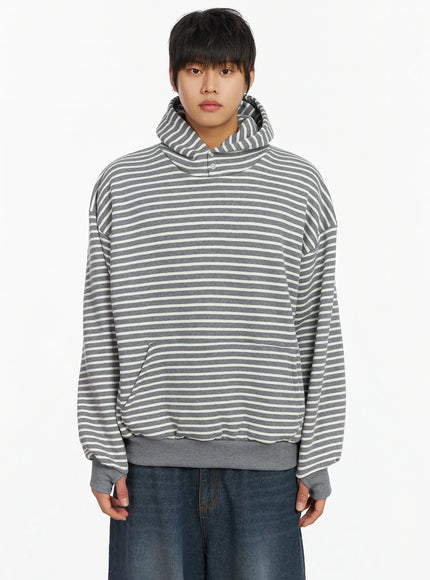 mens-striped-button-neck-hoodie-if503 / Gray