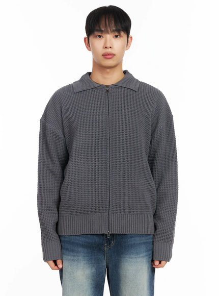 mens-waffle-knit-zip-up-cardigan-im511 / Gray