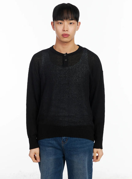 mens-two-button-henley-knit-sweater-ia502 / Black