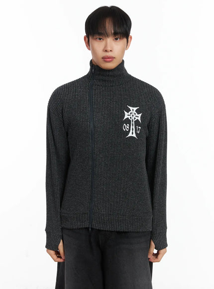 Cross Print High Neck Zip-Up Cardigan ID515