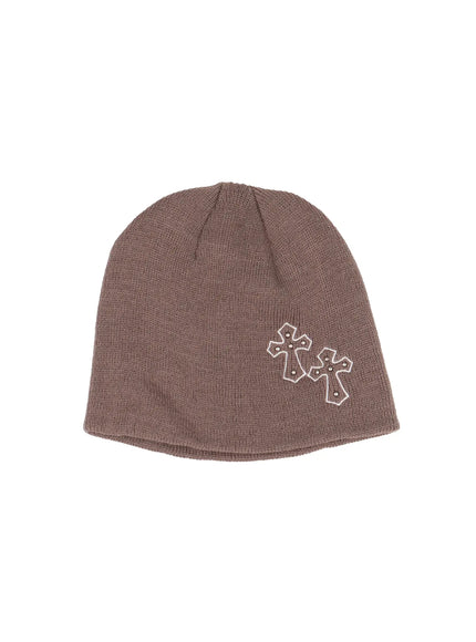 mens-cross-embroidered-beanie-is519 / Brown