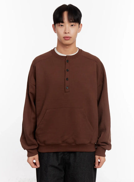 mens-oversized-henley-neck-sweatshirt-io523 / Brown