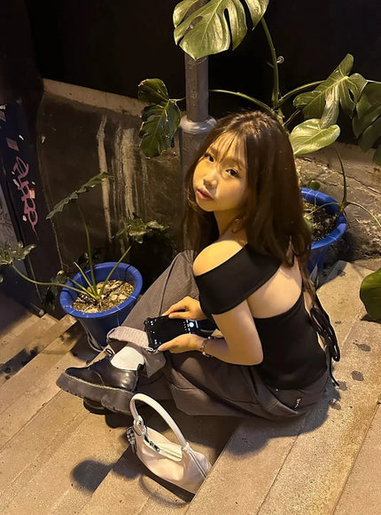 String Cut-Out Off-Shoulder Crop Top IY502