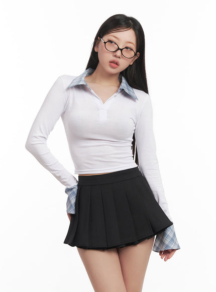checkered-collar-long-sleeve-crop-top-cm531