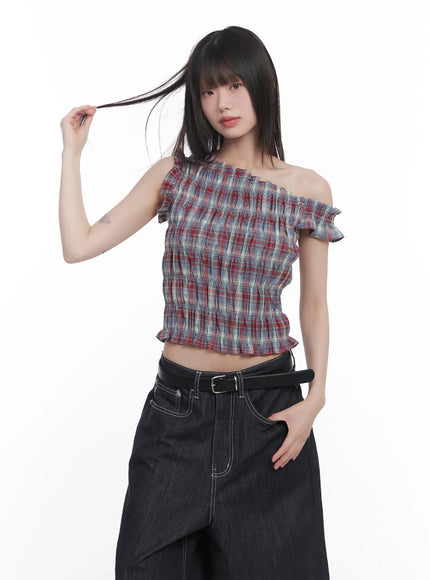 plaid-frill-one-shoulder-crop-top-cu519