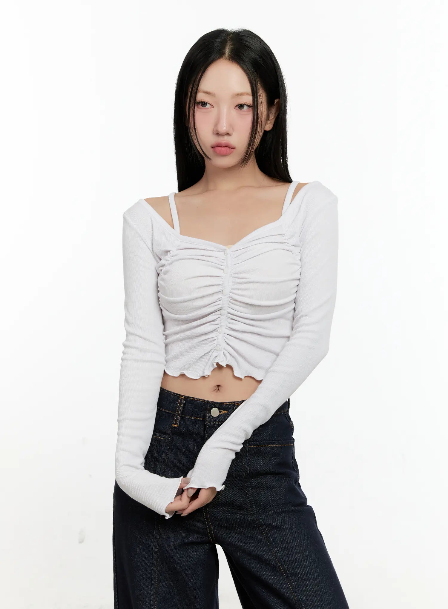 Off-Shoulder Ruched Long Sleeve Top CN506