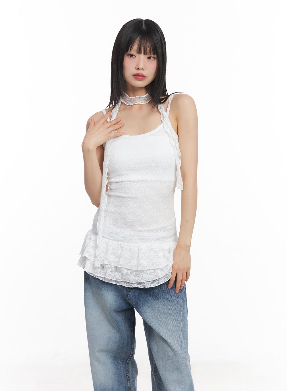 frilly-lace-mini-dress-with-scarf-set-cy512