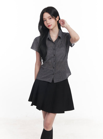 checkered-puff-button-blouse-top-cy526