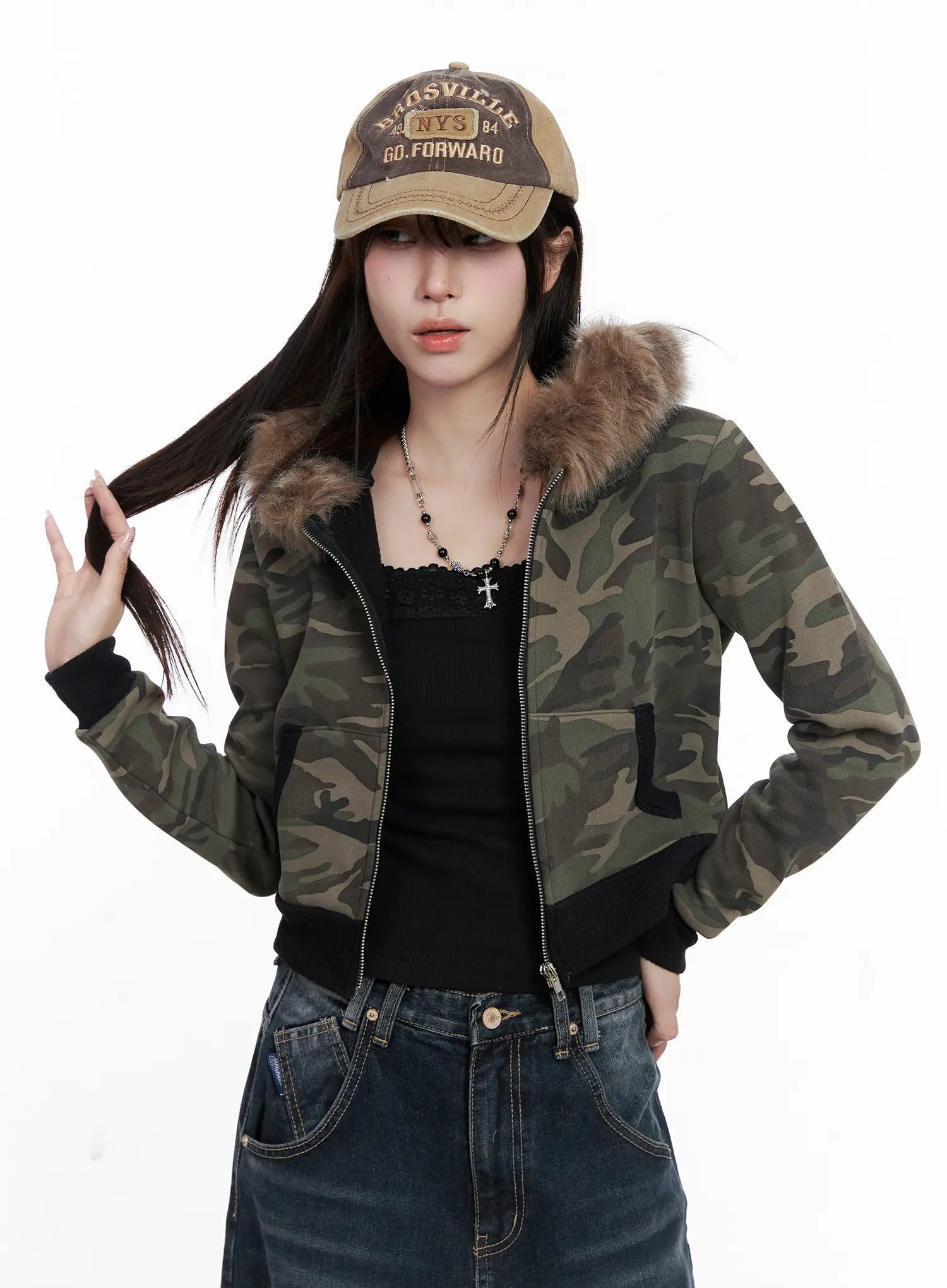 Camo Faux Fur Crop Zip-Up Hoodie CO521