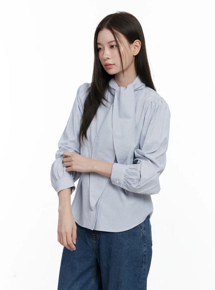 Striped Puff Sleeve Tie Blouse CO506
